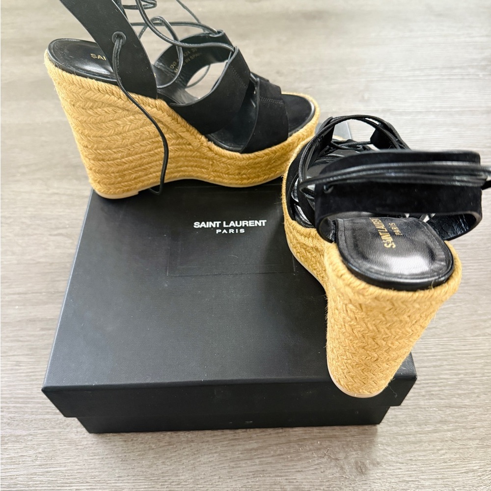 Saint Laurent Black and Tan Wedge Sandals